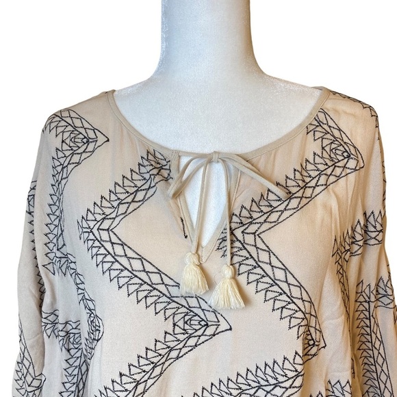 Lovestitch Bohemian Rayon Light Tan Top with Black‎ Zigzag Geometric Design S/M - Picture 2 of 11